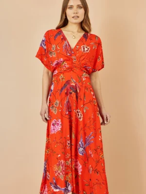 The Orange Viscose Bird Print And Floral Dress